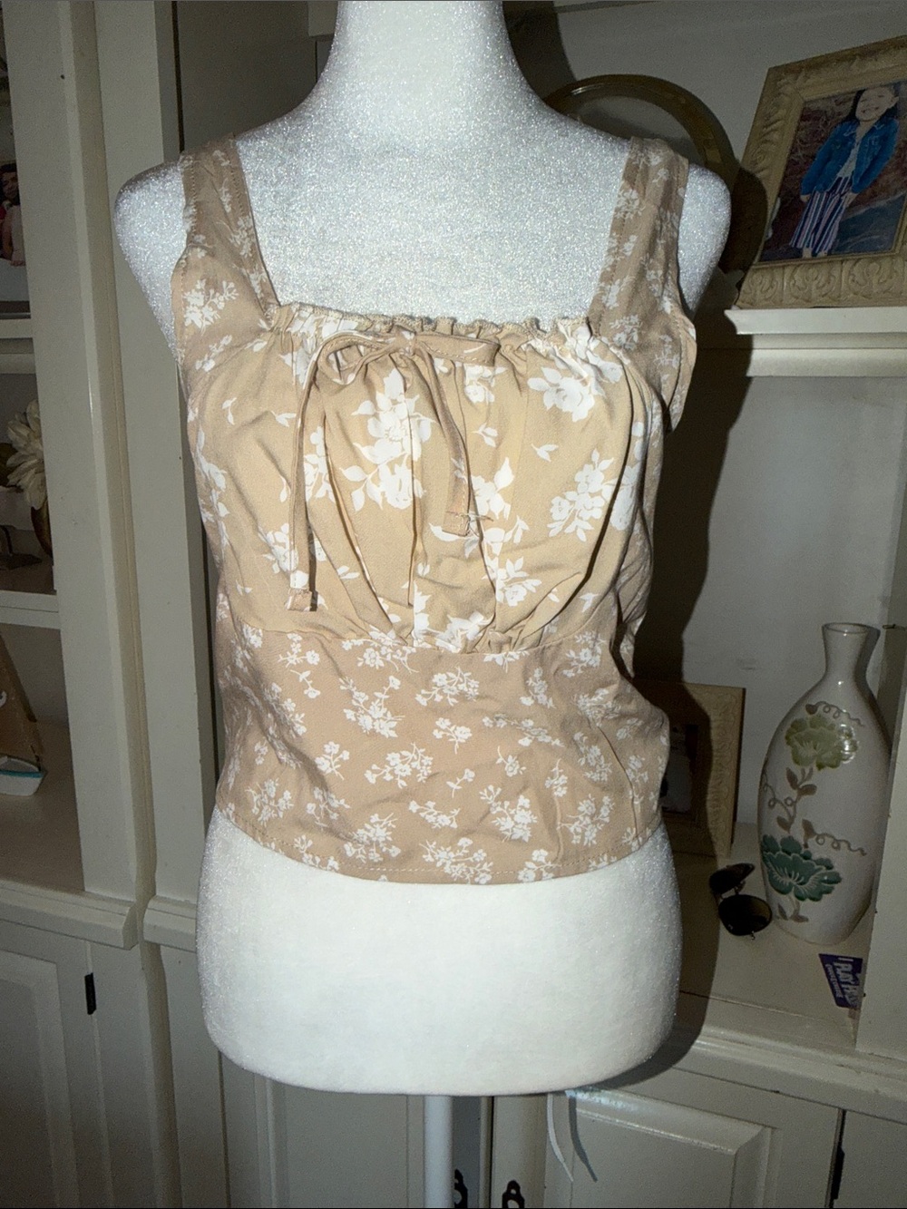 Beige Floral Tie-Front Square Neck Cami